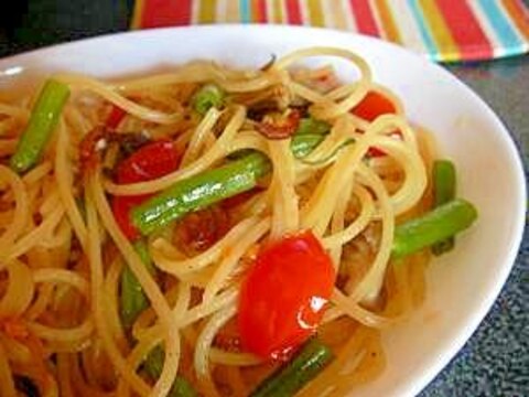 ★三度豆と舞茸とトマトの和風スパゲティー★パスタ